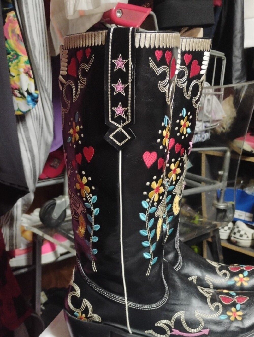 Embroidered Black Western Knee-High Boots with Colorful Floral & Gun Motif - Picture 2 of 8